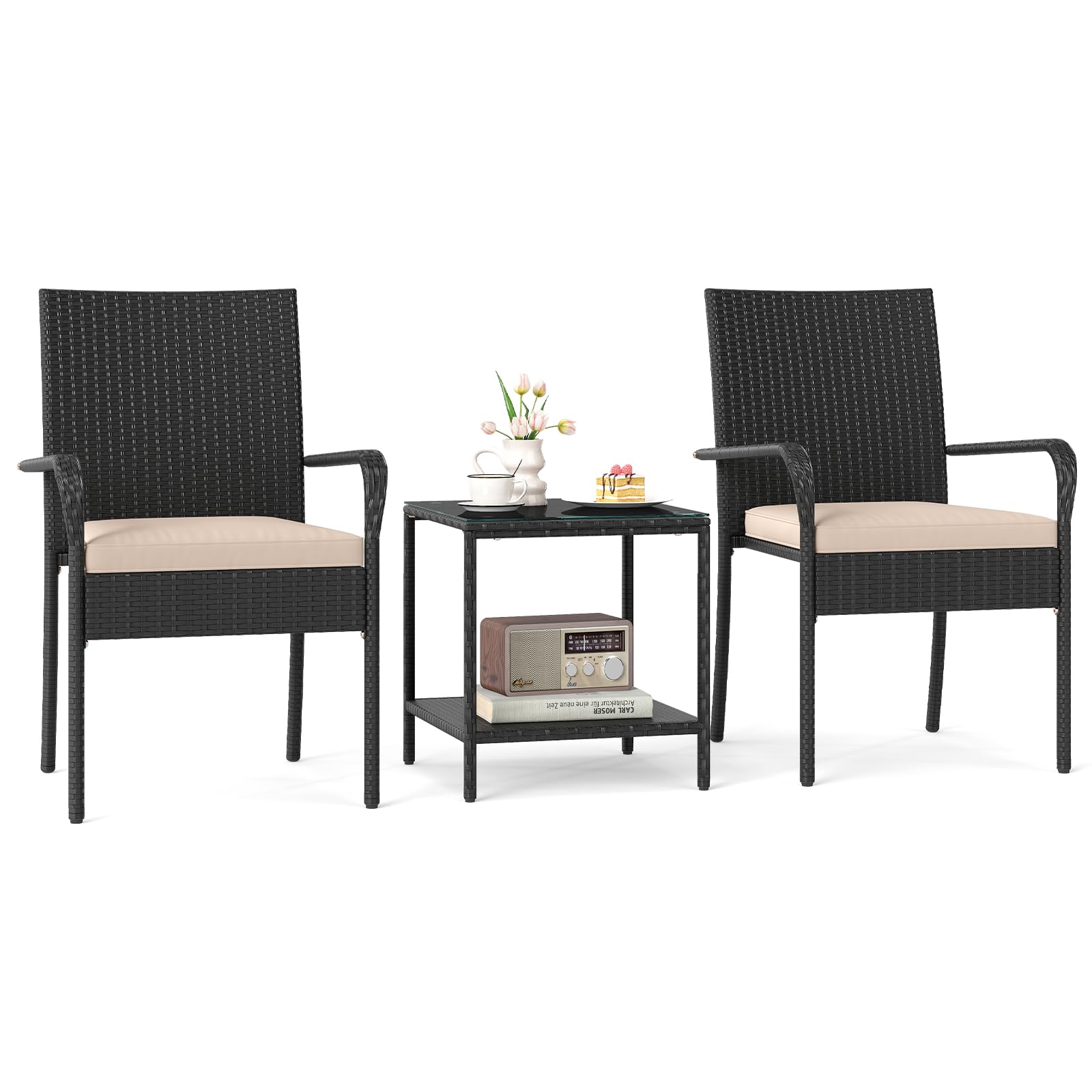 Tangkula 3 Pieces Patio Furniture Set with 2 Tier Tempered Glass Tabletop Table